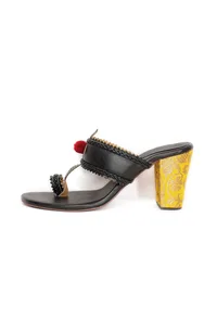 Charcoal Black with Yellow Brocade Kolhapuri Inspired Heels image 3