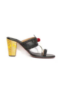 Charcoal Black with Yellow Brocade Kolhapuri Inspired Heels image 4