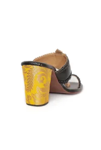 Charcoal Black with Yellow Brocade Kolhapuri Inspired Heels image 6