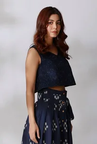 Blue Umbrella Cut Loose Fit Ikkat Crop Top image 2