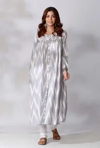 Set Of 2-White and Blue Ikkat Gathered Kurta with White Cotton Churidar Pajami image 1