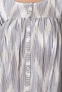 Set Of 2-White and Blue Ikkat Gathered Kurta with White Cotton Churidar Pajami image 5