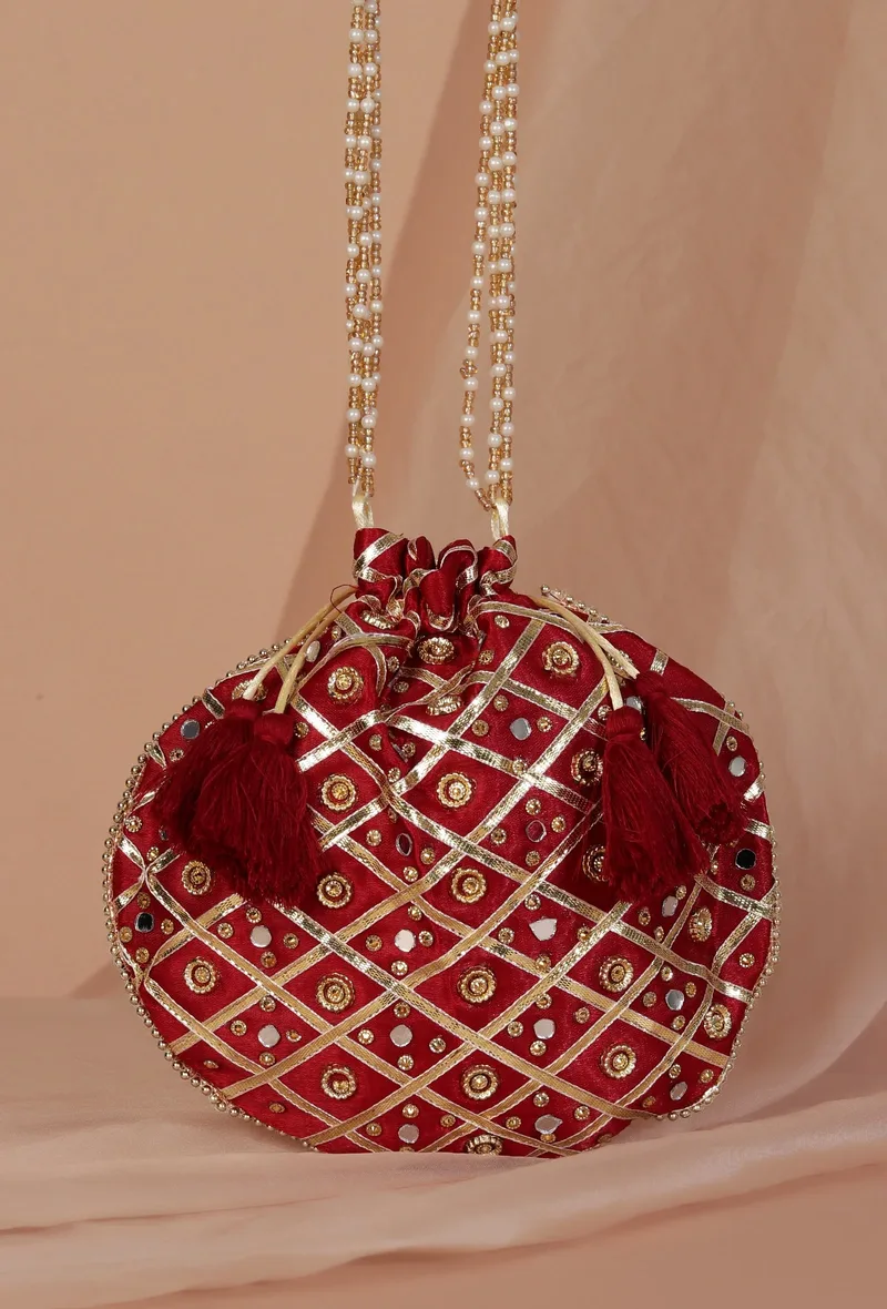 Opulent Maroon Potli With The Gota & Glass Work
