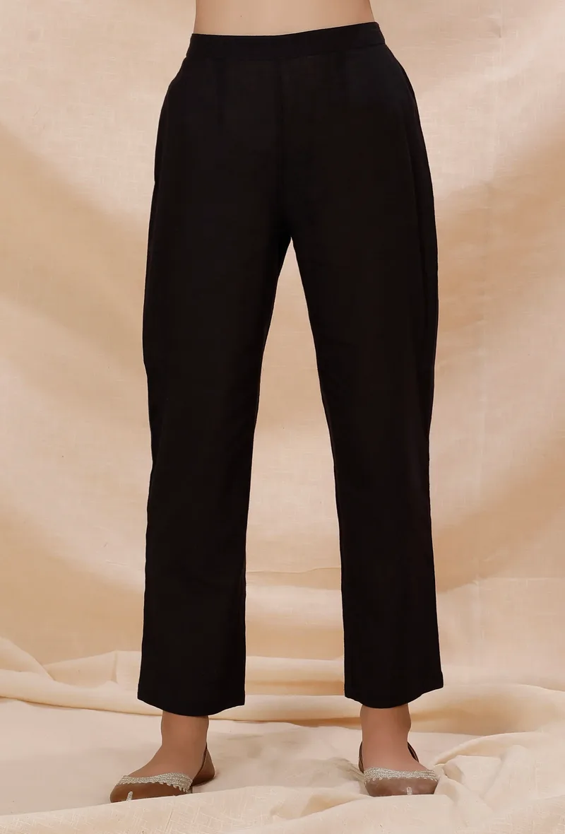 Black Plain Cotton Straight Pants