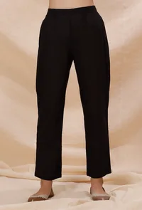 Black Plain Cotton Straight Pants image 1