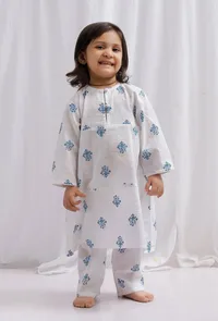 Set of 2: Blue Block Printed Cotton Straight Kurta with Blue Printed Cotton Pants image 1