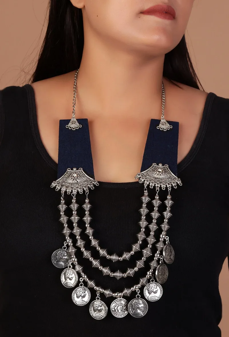 Blue Fabric Necklace with Silver-Plated Beads & Coin Charms – 3 Layers