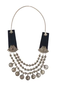 Blue Fabric Necklace with Silver-Plated Beads & Coin Charms – 3 Layers image 2