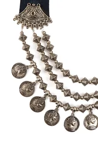 Blue Fabric Necklace with Silver-Plated Beads & Coin Charms – 3 Layers image 3