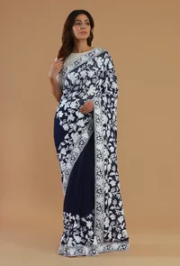 Embroidered Navy Blue Georgette Saree with Unstitched Blouse image 1