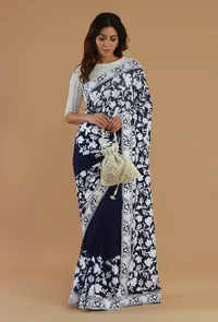 Embroidered Navy Blue Georgette Saree with Unstitched Blouse image 2
