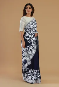 Embroidered Navy Blue Georgette Saree with Unstitched Blouse image 4