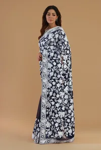 Embroidered Navy Blue Georgette Saree with Unstitched Blouse image 5