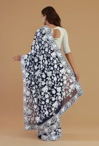 Embroidered Navy Blue Georgette Saree with Unstitched Blouse image 6