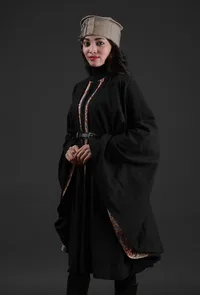 Ziya Black Cashmilon Overlay Cape With Kalamkari Detailing & Waist Belt image 2