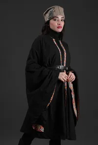 Ziya Black Cashmilon Overlay Cape With Kalamkari Detailing & Waist Belt image 3