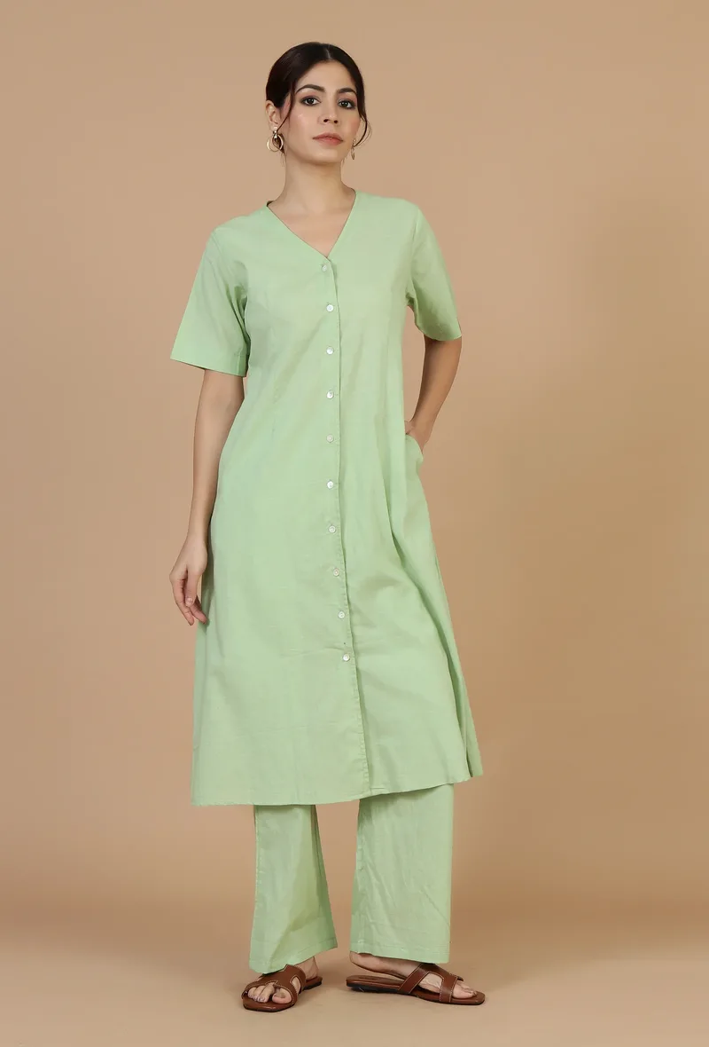 Set of 2: Light Green Button-Down Kurta with Straight Pants
