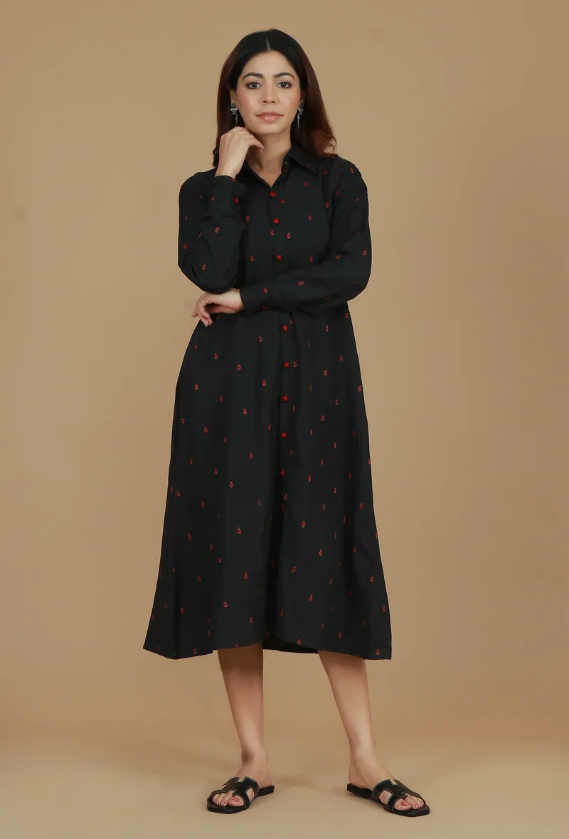 Black Booti Cotton Shirt Dress