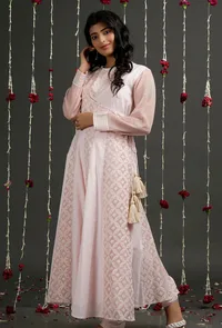 Pearl Pink Floral Jamdani Angrakha Kurta Dress image 1