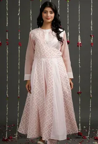 Pearl Pink Floral Jamdani Angrakha Kurta Dress image 2