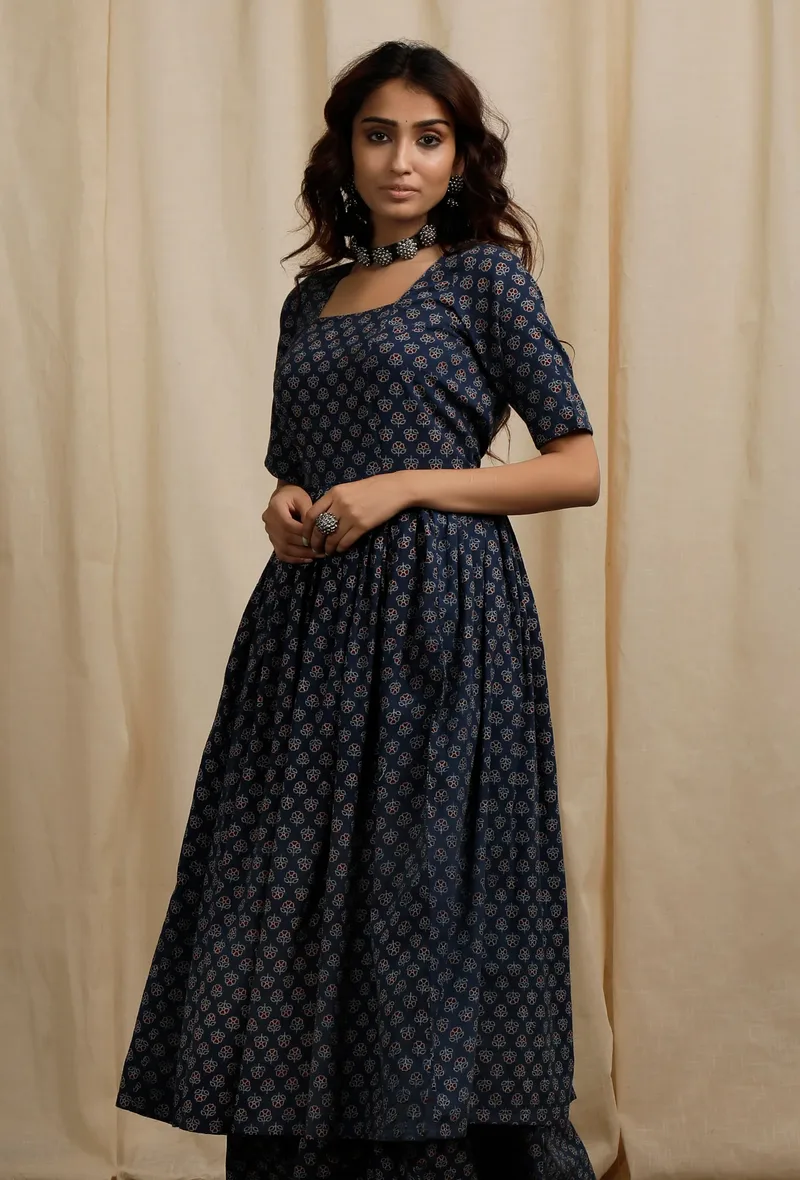 Blue Ajrakh Print Gathered and Flared Backless Kurta