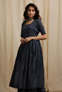 Blue Ajrakh Print Gathered and Flared Backless Kurta image 1