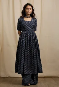 Blue Ajrakh Print Gathered and Flared Backless Kurta image 2