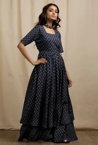 Blue Ajrakh Print Gathered and Flared Backless Kurta image 3