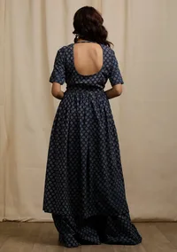 Blue Ajrakh Print Gathered and Flared Backless Kurta image 4