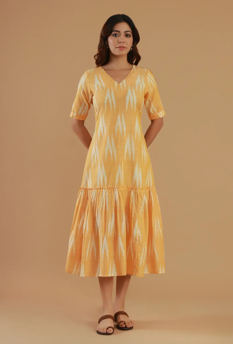 Mustard Ikat Cotton V-Neck Tiered Midi Dress