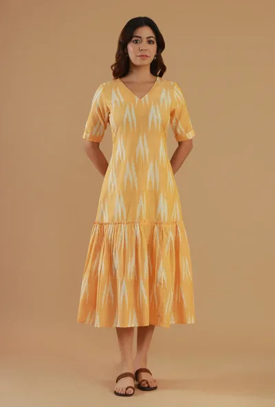 Mustard Ikat Cotton V-Neck Tiered Midi Dress