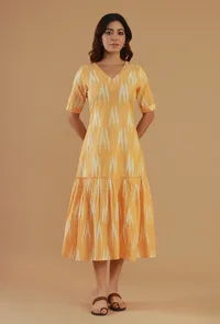 Mustard Ikat Cotton V-Neck Tiered Midi Dress image 1