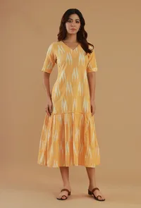 Mustard Ikat Cotton V-Neck Tiered Midi Dress image 2
