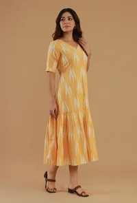 Mustard Ikat Cotton V-Neck Tiered Midi Dress image 3