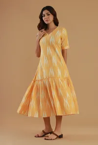 Mustard Ikat Cotton V-Neck Tiered Midi Dress image 4