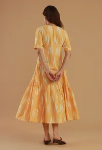 Mustard Ikat Cotton V-Neck Tiered Midi Dress image 5
