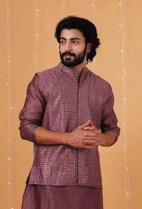 Grape Checkered Chanderi Nehru Jacket image 3