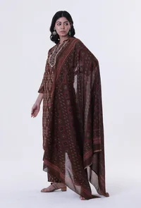 Brown & Multicolor Cotton Block Printed Dupatta image 1