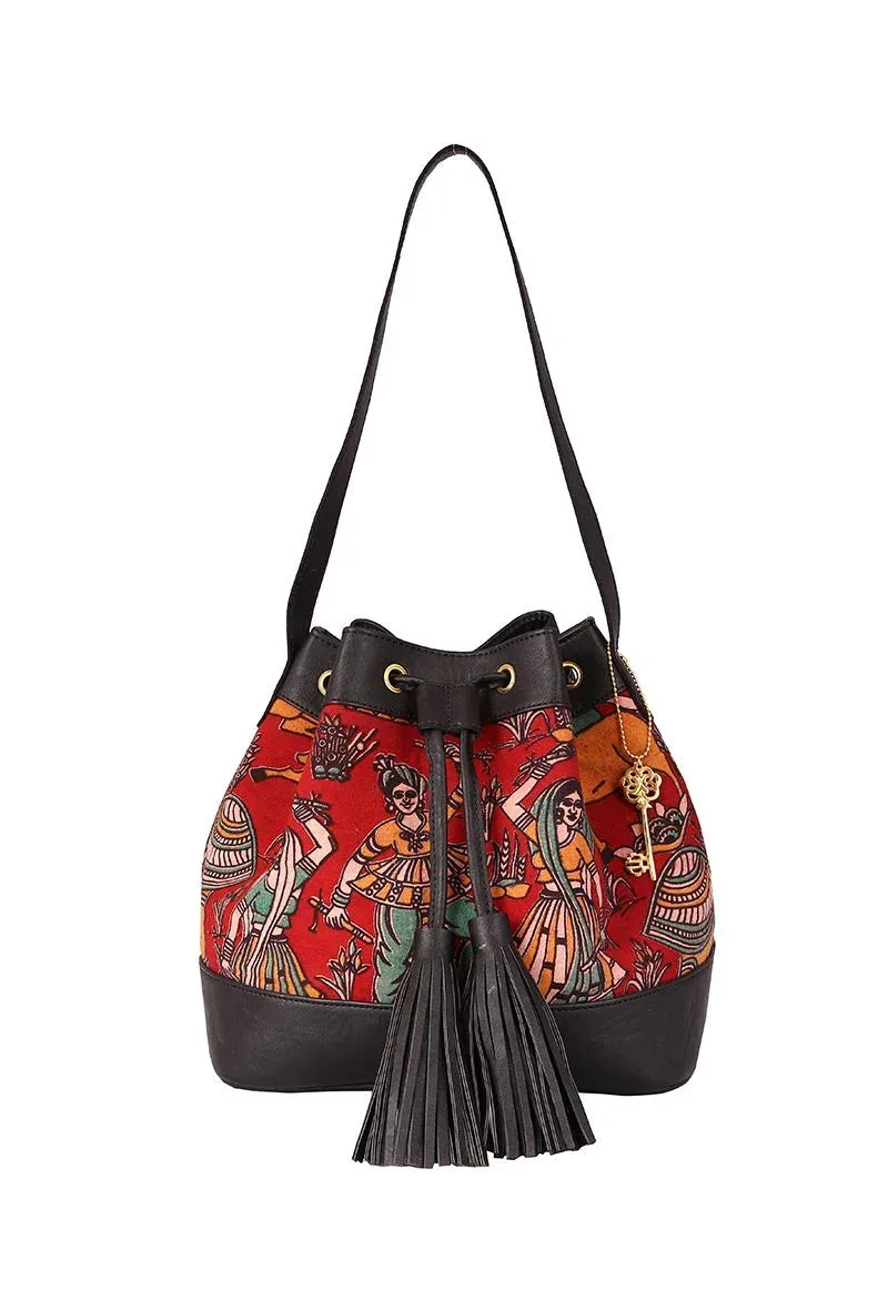 Red Kalamkari Bucket Bag