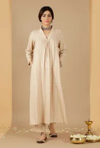 Set Of 2: Beige Gathered Kurta With Pockets & Straight Pants image 1