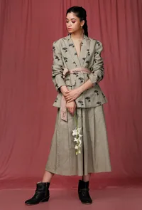 Set of 3: Brown Plain Linen Top with Moss Green Handblock overcoat with Linen Green skirt image 1