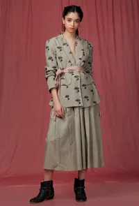 Set of 3: Brown Plain Linen Top with Moss Green Handblock overcoat with Linen Green skirt image 2