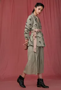 Set of 3: Brown Plain Linen Top with Moss Green Handblock overcoat with Linen Green skirt image 3