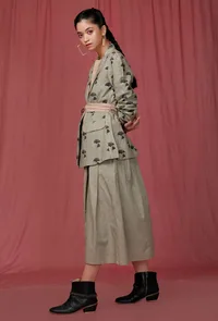 Set of 3: Brown Plain Linen Top with Moss Green Handblock overcoat with Linen Green skirt image 4