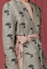 Set of 3: Brown Plain Linen Top with Moss Green Handblock overcoat with Linen Green skirt image 6