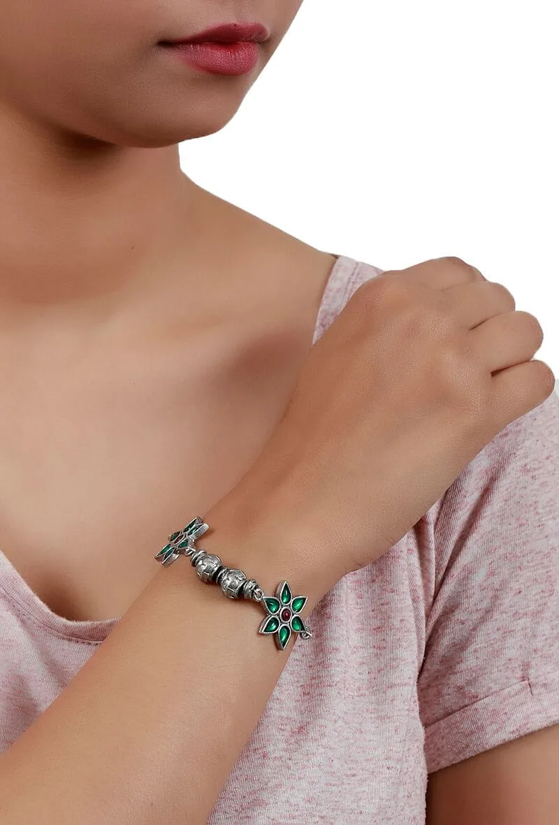 Green-Red German Silver Afghan Bracelet