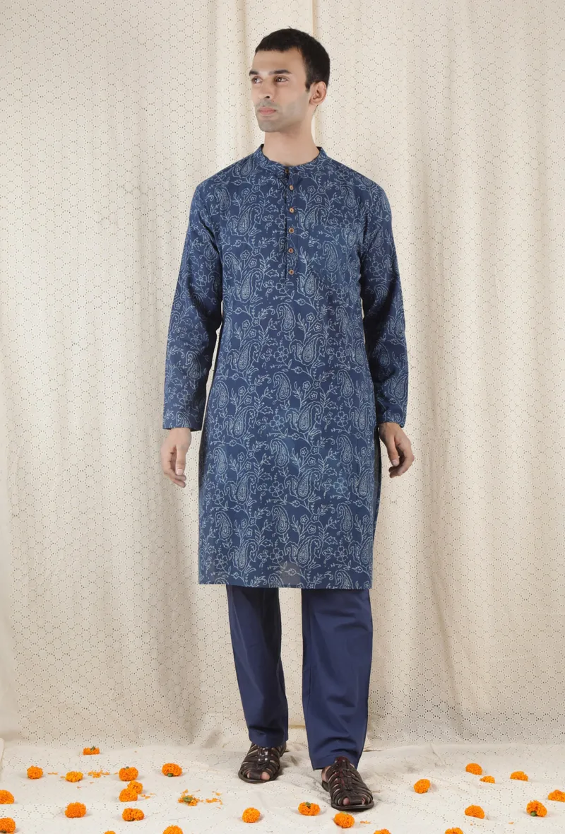 Set Of 2: Neeladri Cotton Indigo Kurta With Indigo Blue Pyjama