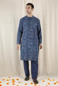 Set Of 2: Neeladri Cotton Indigo Kurta With Indigo Blue Pyjama image 1