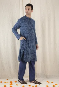 Set Of 2: Neeladri Cotton Indigo Kurta With Indigo Blue Pyjama image 2