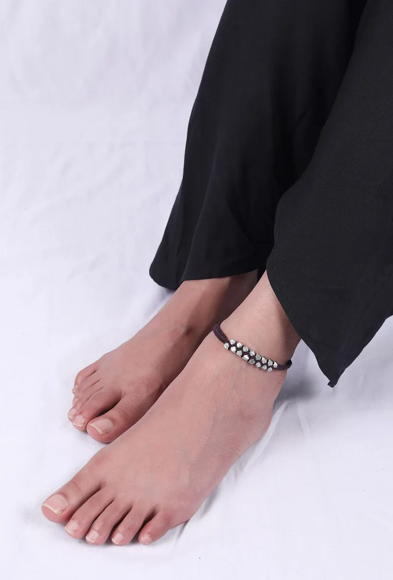 Set Of 2: Ahalya Brown Thread & Antique Plated Brass Beaded Anklets